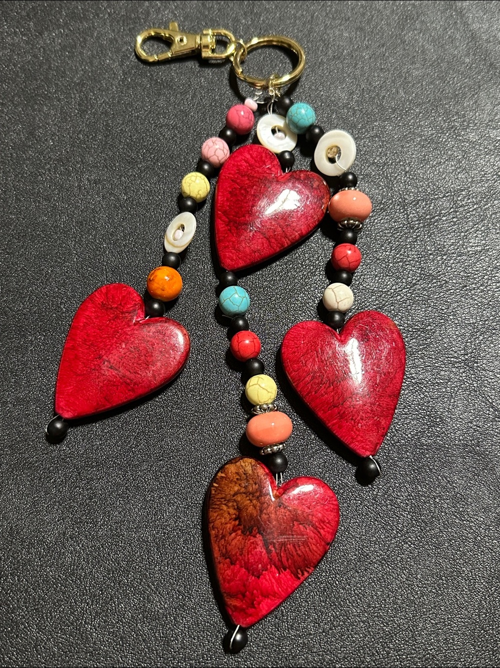 224.  Hearts Mixed Material Beaded Gold Tone Key Chain / Bag Charm